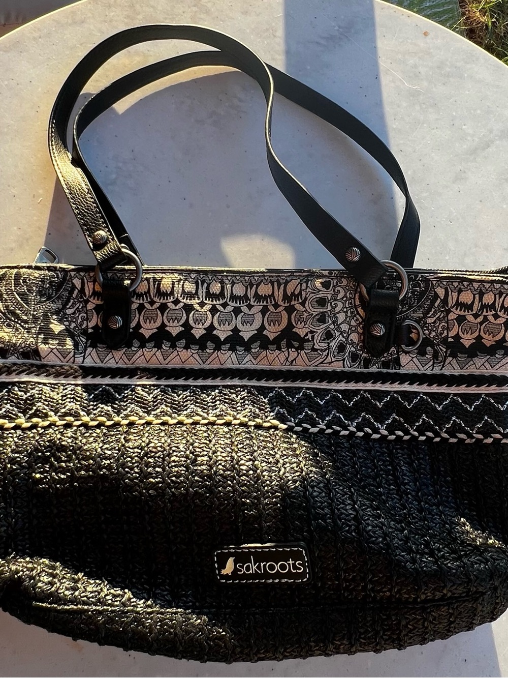 Sakroots Black Woven Tote Bag with Patterned Trim